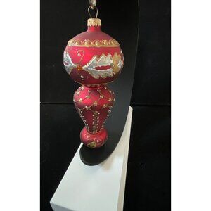 VTG Finial Victorian Blown Glass Gold Embossed Jeweled Red Christmas Ornament 7"